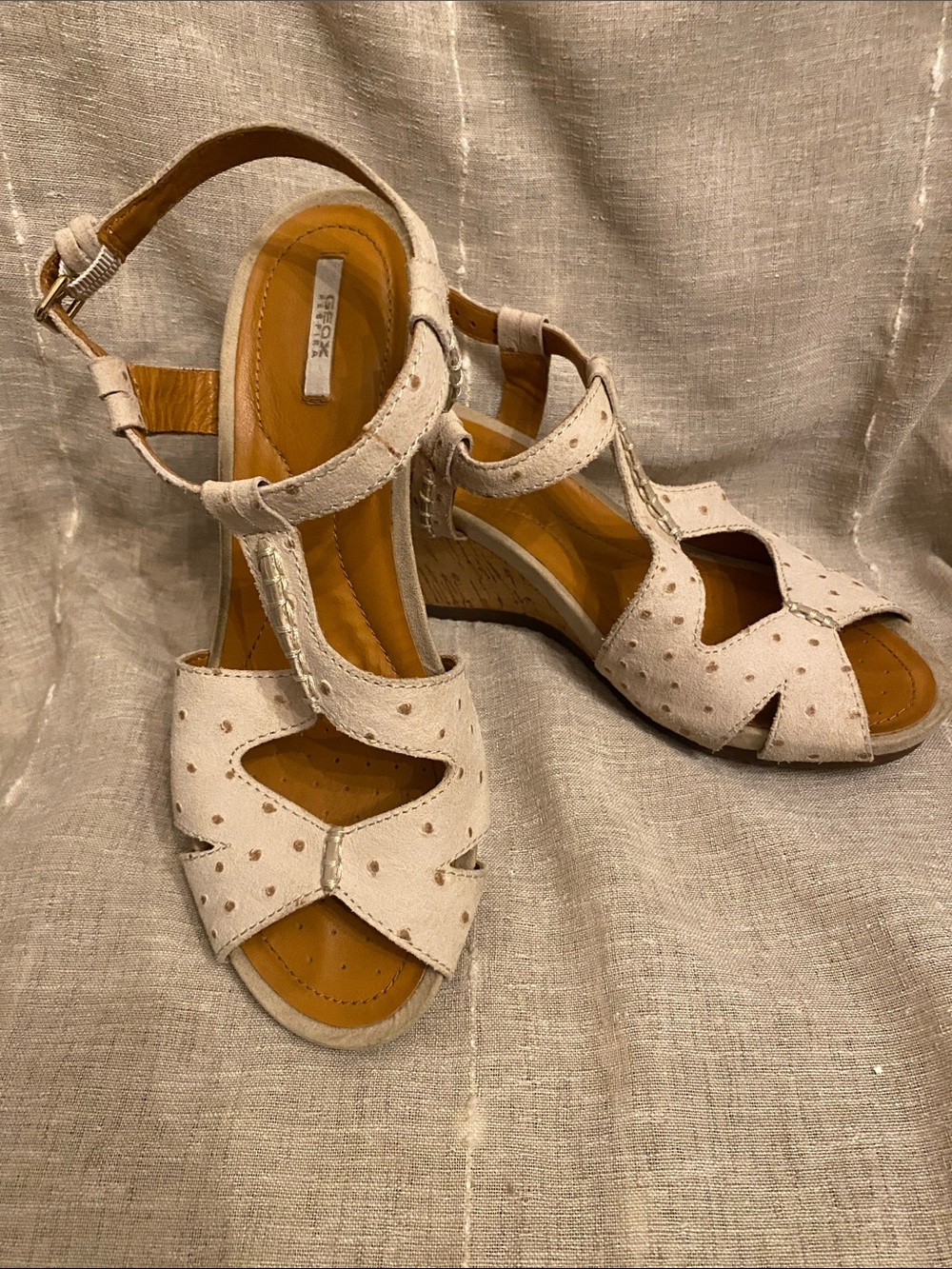 Frye Light Beige Perforated Open-Toe Slingback Heels - Geox’s Respirx Technology
